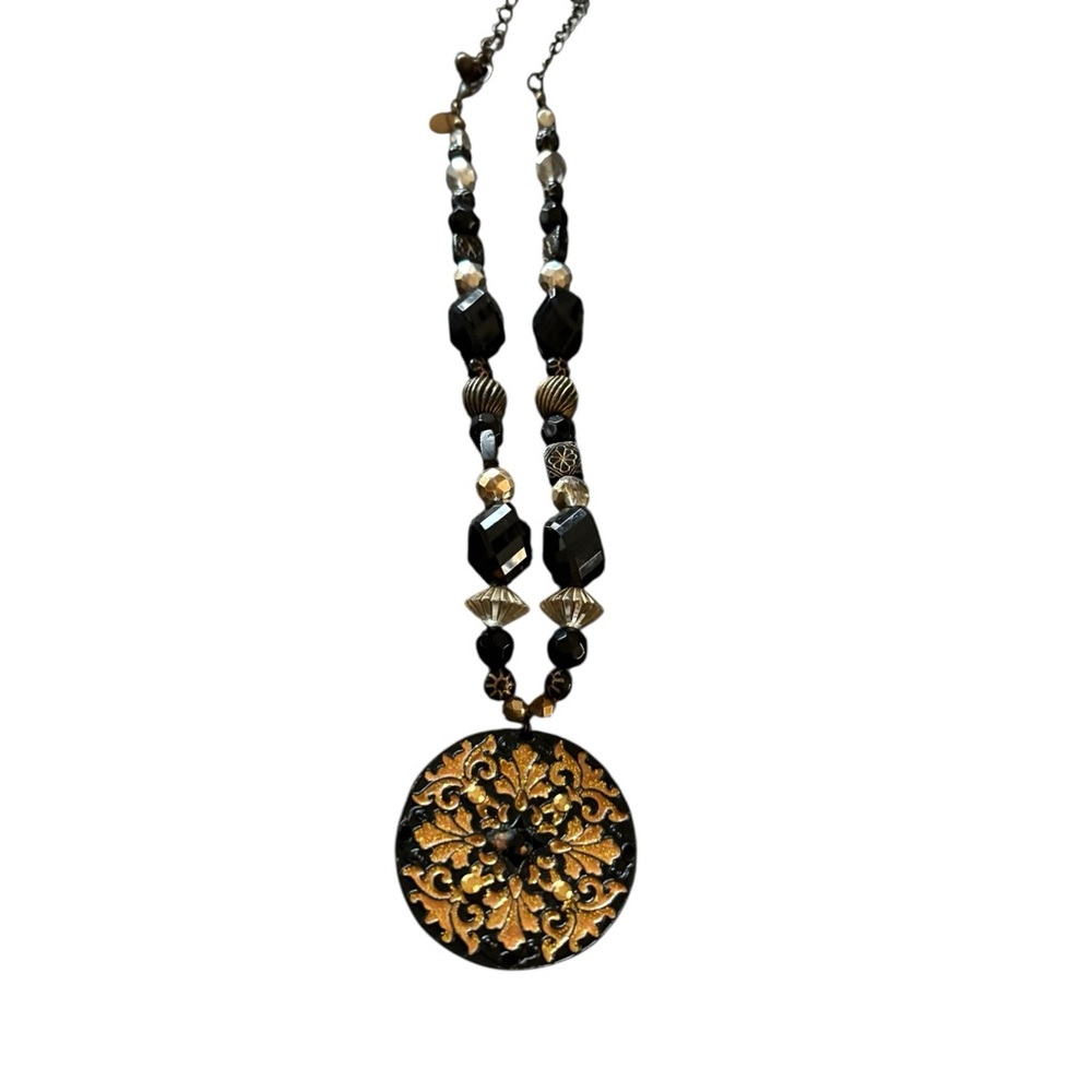 Chico's Black Beaded with Large Black and Brown Round Medallion Necklace 12" L